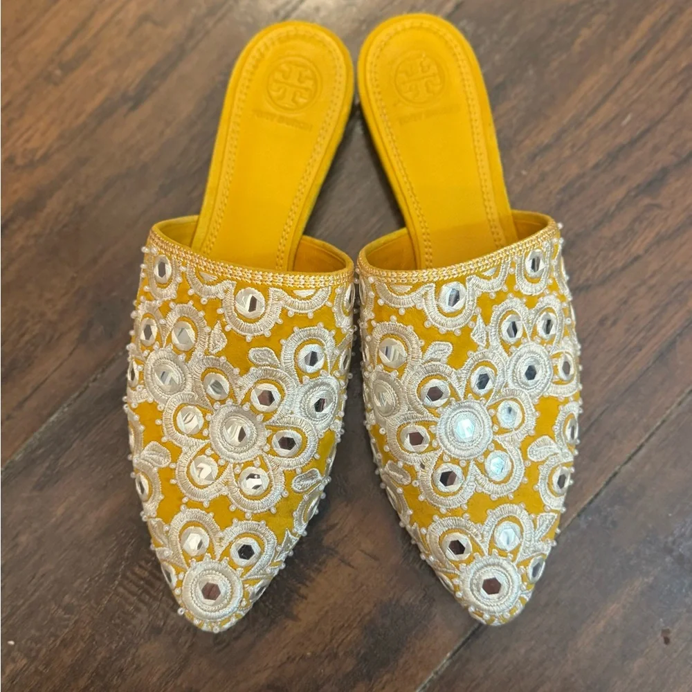 Tory Burch Elora Mirrored Pointed Toe Flat Slide Sandals - Picture 6 of 13